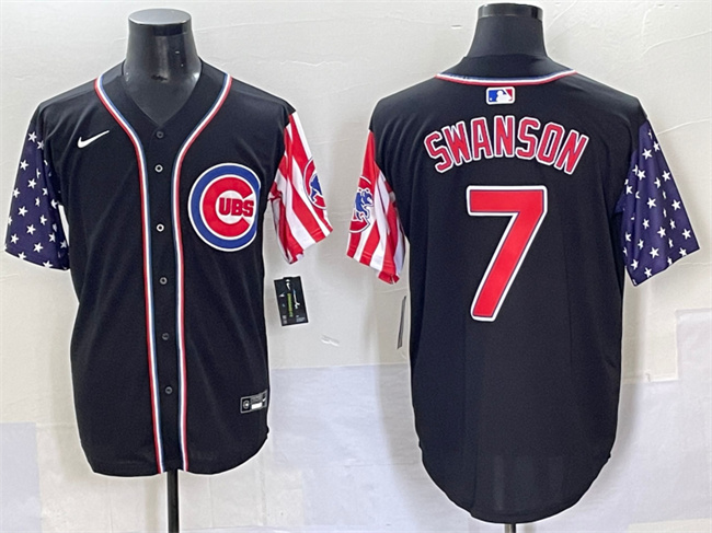 Men's Chicago Cubs #7 Dansby Swanson Black 2025 Independence Day Vapor Premier Limited Stitched Baseball Jersey Men's Chicago Cubs #7 Dansby Swanson Black 2025 Independence Day Vapor Premier Limited Stitched Baseball Jersey